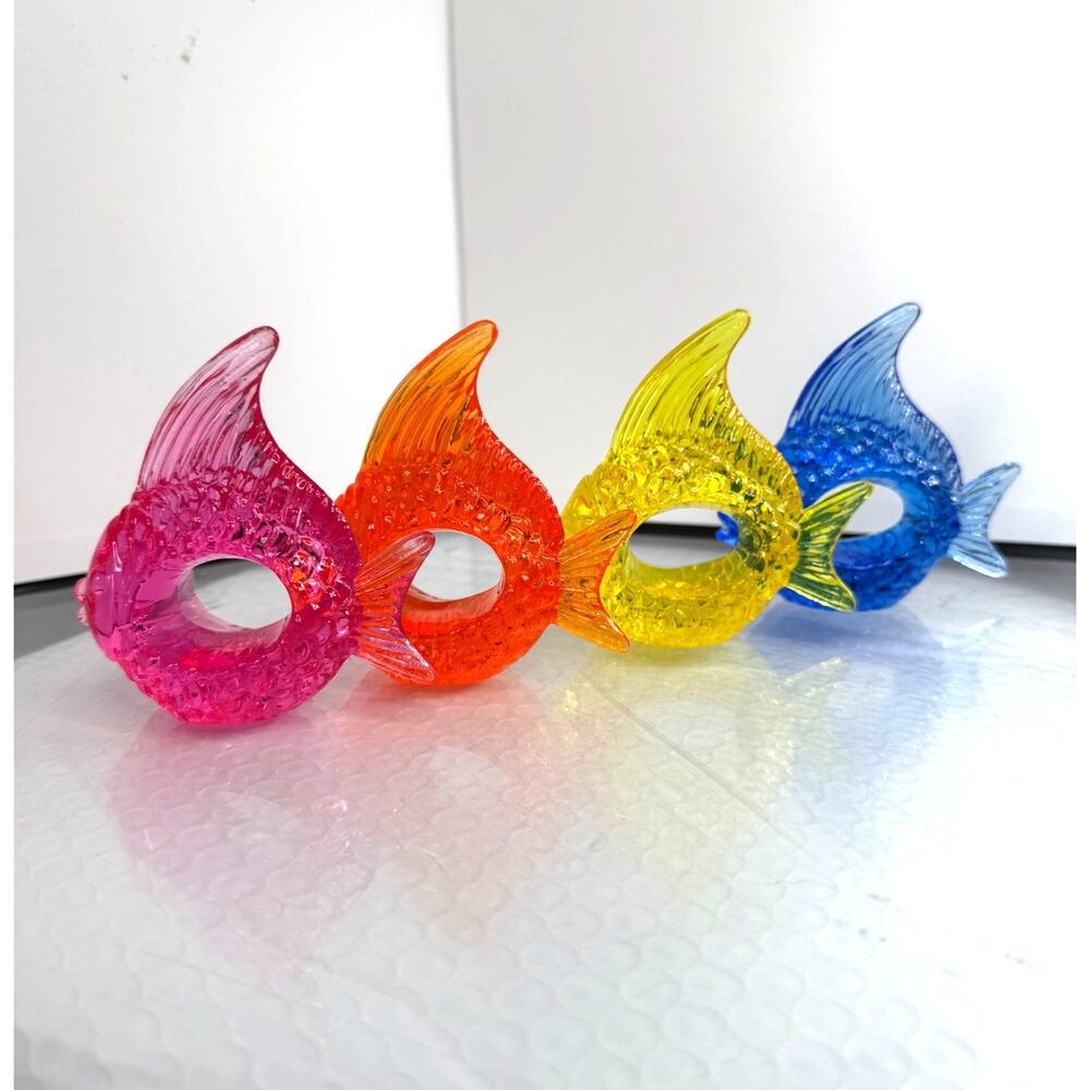 1970s Lucite Acrylic Napkin Ring Set of 4 Angelfish Nautical Sealife Retro Ocean